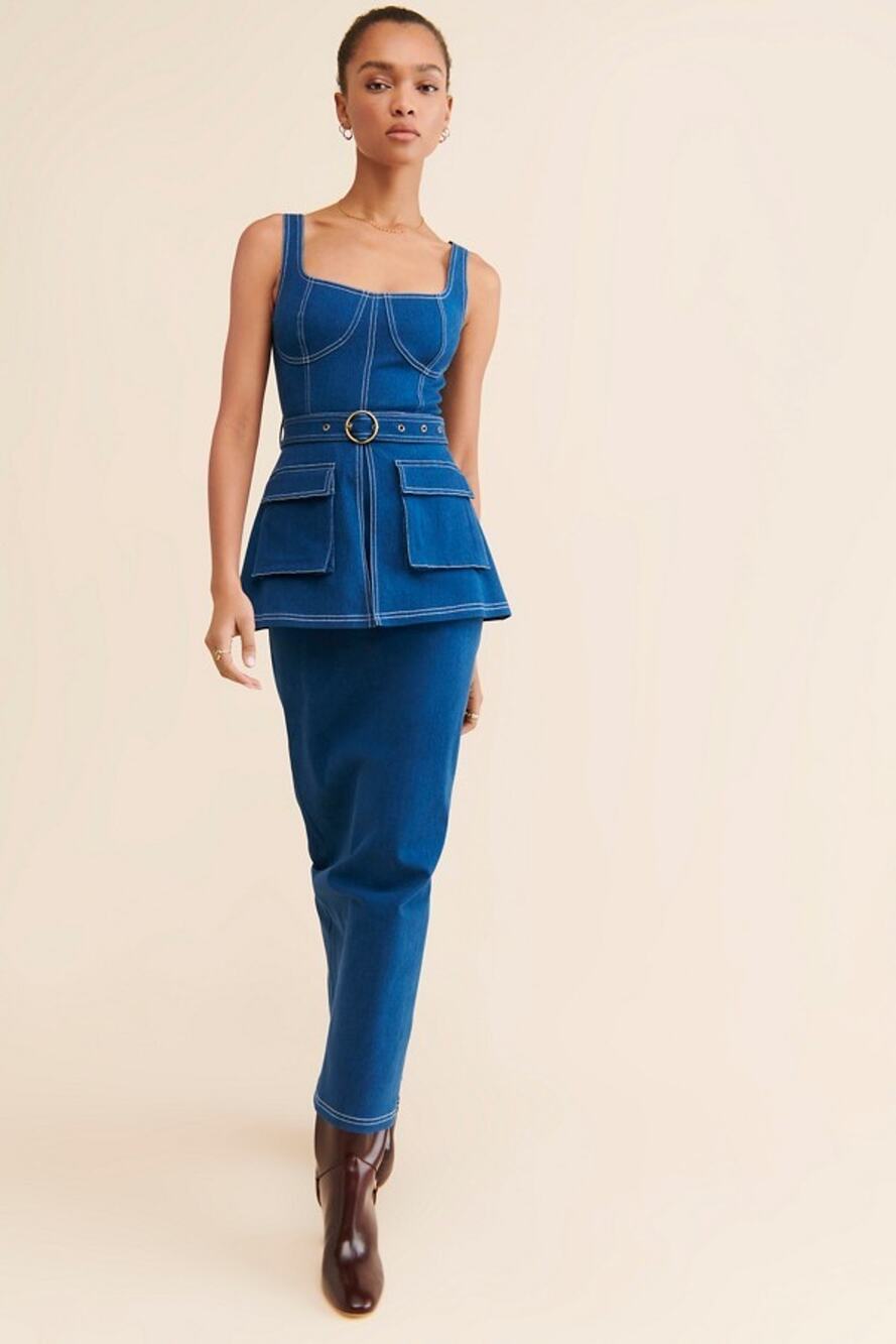 Geisha Designs Anthropologie For Paras & Shalini Corset Denim Midi Dress Medium
